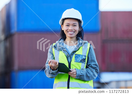 Logistics, asian and woman with tablet, container and check shipping delivery of cargo, product or stock data. Supply chain, smile and portrait of happy industry worker with mobile digital checklist Logistics, asian and woman with tablet, container and check shipping delivery of cargo, product or stock data. Supply chain, smile and portrait of happy industry worker with mobile digital checklist 117272813