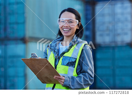 Construction worker in supply chain logistics, success in woman empowerment and freight shipping container port. Contractor stock inventory, happy maintenance asian engineer and export distribution Construction worker in supply chain logistics, success in woman empowerment and freight shipping container port. Contractor stock inventory, happy maintenance asian engineer and export distribution 117272818