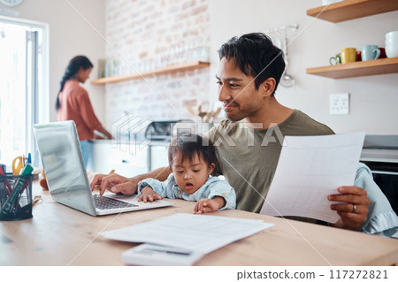 Man, baby or laptop finance in house or home kitchen and insurance paper, investment documents or fintech accounting software. Happy smile, asian father and down syndrome boy, son and child with tech Man, baby or laptop finance in house or home kitchen and insurance paper, investment documents or fintech accounting software. Happy smile, asian father and down syndrome boy, son and child with tech 117272821