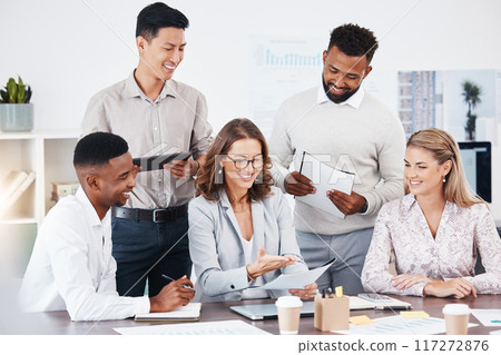 People, manager and business meeting paperwork discussion, KPI review or finance report with proposal document. Teamwork, leadership and collaboration group talking, planning and working on strategy 117272876