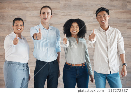 Diversity, thumbs up and team success, collaboration and support with yes, review and winner hand icon in a office. Corporate workers smile with emoji sign for goal, vote and thank you with teamwork 117272887