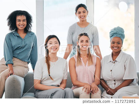 Business women, diversity and global teamwork collaboration in female startup, marketing company or inclusive office. Happy portrait, smile employee or worker with motivation vision in about us brand 117272891