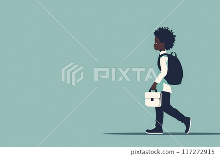 African American seven year old girl walks on sidewalk with white shirt, black pants and white backpack. She has loose wavy hair in casual relaxed atmosphere. 117272915