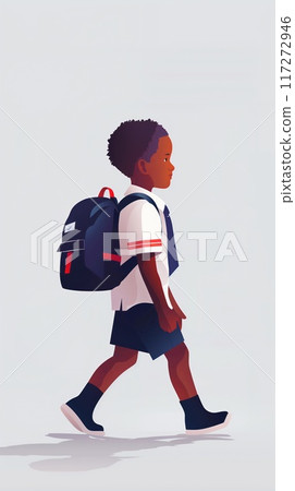 African American seven year old boy wearing classy school uniform goes to school with backpack. Young student in black shorts, white shirt walks towards right side of frame with blue, red backpack. 117272946