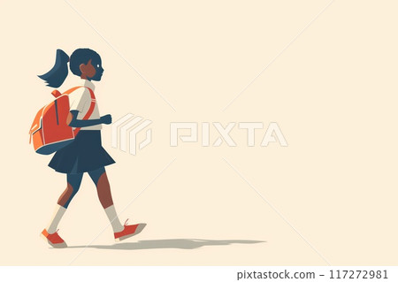 African American seven year old girl walks confidently with backpack on school uniform day. Wears blue dress and red shoes. Back to school theme. Classy outfit. Education. Childhood. 117272981