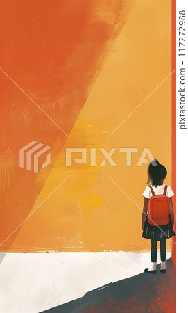 African American seven year old girl wears classy school uniform, goes to school with backpack. Back to school theme. Young student stands in front of orange wall with gray door, holds red backpack. 117272988
