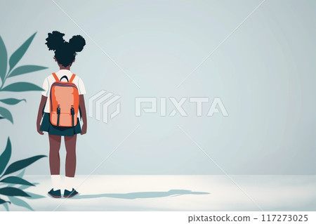 African American seven year old girl wears classy school uniform, goes to school with backpack. Back to school theme. Young student carries red backpack, confident. Green plant gray background. 117273025