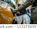 Woman inserts electric car charger plug into yellow car charging port at modern urban charging station. Urban landscape with city lights, parked cars. Electric vehicle charging innovation concept. 117273039