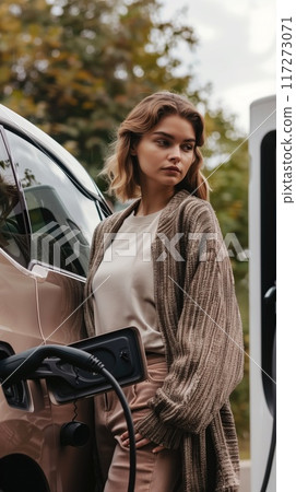 Young woman stands next to sleek black electric car in urban setting. Electric cars charging station modern eco-friendly sustainable 117273071