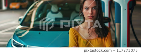 Woman stands next to electric car at charging station in city. Wears yellow shirt, looks away from camera. Car glossy surface reflects lights and colors. Electric cars concept. 117273073