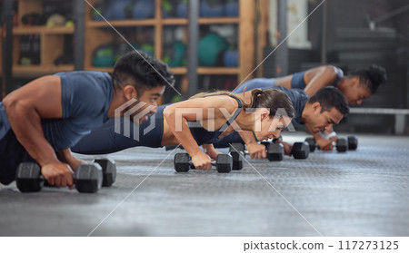Group training, dumbbell pushup and row exercise, workout and fitness in a gym class. Sporty, strong and active people with endurance, energy and wellness completing a sports challenge 117273125