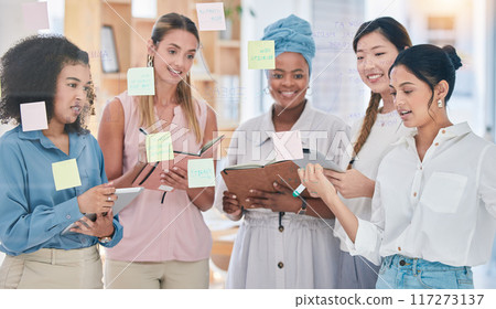 Sticky notes, planning ideas or vision in training with talking creatives and marketing strategy, kpi and performance data. Motivated, inspired or ambitious team of startup women meeting or learning 117273137