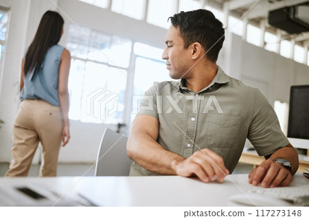 Sexual harassment, desire and suggestive business man in a office looking at a woman from behind. Male worker staring with an inappropriate, provocative look at the body of a walking female employee Sexual harassment, desire and suggestive business man in a office looking at a woman from behind. Male worker staring with an inappropriate, provocative look at the body of a walking female employee 117273148