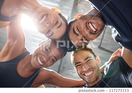 Fitness, workout and exercise group huddle and hug with an excited energy, motivation and teamwork. Team of training friends looking happy with community support at a sports wellness gym or club Fitness, workout and exercise group huddle and hug with an excited energy, motivation and teamwork. Team of training friends looking happy with community support at a sports wellness gym or club 117273153
