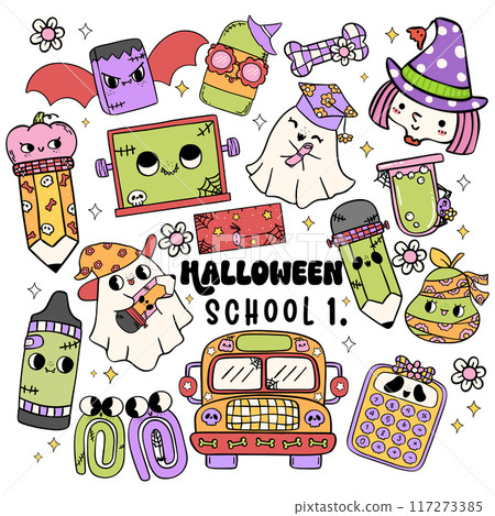 Retro Halloween School Supplies Collection Cute Cartoon Doodle Characters with Groovy School Bus Retro Halloween School Supplies Collection Cute Cartoon Doodle Characters with Groovy School Bus 117273385
