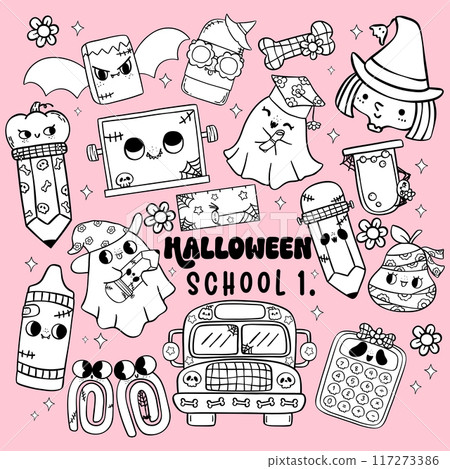 Retro Halloween School Supplies coloring images collection Cute Back to School Cartoon Doodle Characters with Groovy School Bus Retro Halloween School Supplies coloring images collection Cute Back to School Cartoon Doodle Characters with Groovy School Bus 117273386