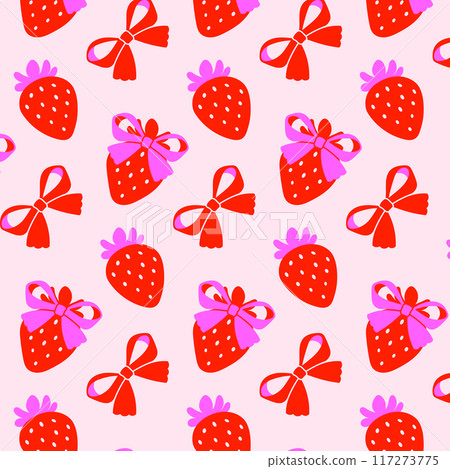 Seamless pattern with strawberries pink bows. Girly background. Repeating print Seamless pattern with strawberries pink bows. Girly background. Repeating print 117273775
