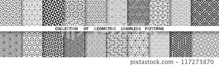 Geometric set of seamless black and white patterns. Simple graphics Geometric set of seamless black and white patterns. Simple graphics 117273870