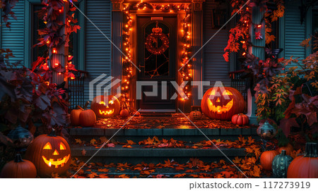 Suburban home decorated for Halloween 117273919
