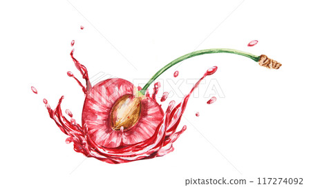 Red cherry in a splash. Juicy hand drawn watercolor illustration. Delicious food art, fresh botanical realistic painting. Summer berry clipart for menu, prints, packaging of farm goods, vegan products Red cherry in a splash. Juicy hand drawn watercolor illustration. Delicious food art, fresh botanical realistic painting. Summer berry clipart for menu, prints, packaging of farm goods, vegan products 117274092