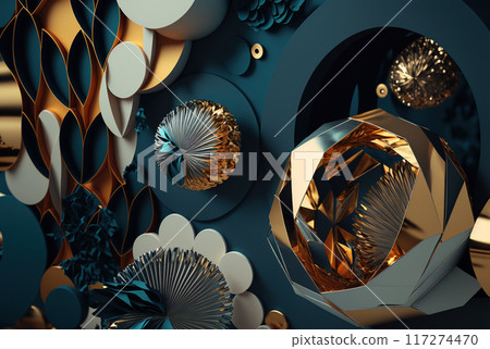 3D render abstract geometric background, dark green and metallic creative shapes 3D render abstract geometric background, dark green and metallic creative shapes 117274470