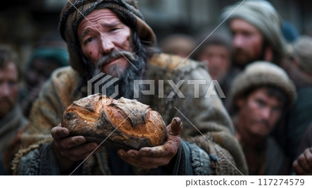 bearded man, likely Jesus Christ, offers a loaf of bread to a crowd of people in a bustling street. His hands are weathered and worn, a symbol of his humble service. 117274579