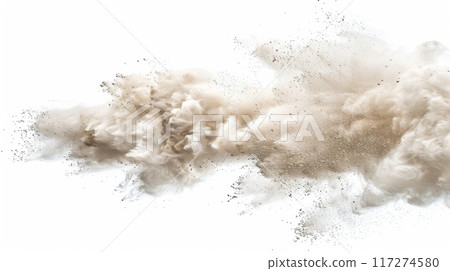 brown cloud of dust and debris explodes outwards, creating a striking contrast against the white backdrop. 117274580