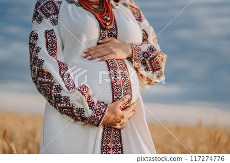 Pregnant Woman Touching, Rubbing Baby Bump Belly On Rural Nature Background 117274776