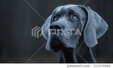 Great Dane with soulful eyes stares into the deep woods as the sun sets. 117274806