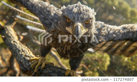 eagle perches on a branch, its sharp eyes piercing the viewer with an intense focus. The forest's green foliage provides a blurred backdrop, enhancing the bird's predatory presence. 117274807