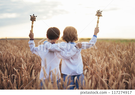 Little Ukrainian Children Boys With Maces - Bludgeon In Field. Bulava, Ukraine. 117274917