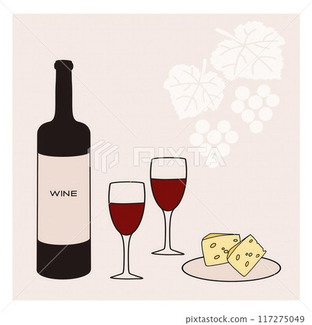 Two glasses of red wine are paired with cheese on a plate, accompanied by a wine bottle and grapes illustrated in the background. 117275049