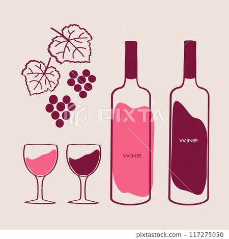 Two wine bottles and two glasses sit alongside clusters of grapes and grape leaves, showcasing a vibrant wine selection. Two wine bottles and two glasses sit alongside clusters of grapes and grape leaves, showcasing a vibrant wine selection. 117275050