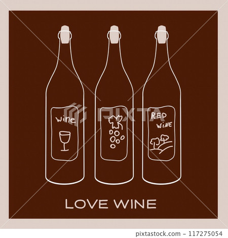 Three stylized wine bottles with different labels illustrating wine, grapes, and red wine against a brown backdrop. 117275054