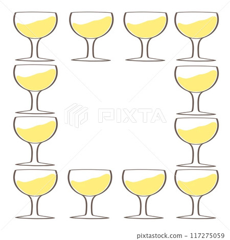 A symmetrical layout featuring twelve glasses filled with yellow white wine, elegantly arranged in a grid pattern. 117275059