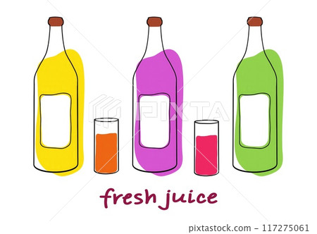 A selection of brightly colored juice bottles stands alongside smaller glasses filled with colorful juices. 117275061