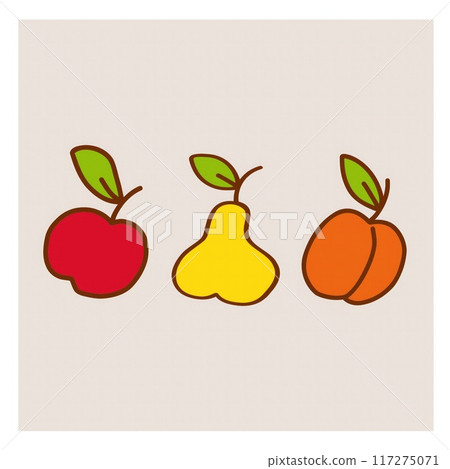 An apple, a pear, and a peach are depicted with simple outlines and vibrant colors against a light background. 117275071