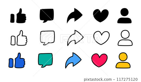 Thumbs up and heart, share, comment, user vector icons hand drawn	 117275120