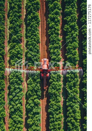 Aerial view of agricultural field with green trees and shrubs. Red tractor sprays water across land using orange sprayer on its back. Sky above mirrors earthy tones below, creating harmonious blend. 117275176