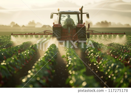 Red tractor sprays water on green plants in field. Black wheels contrast with rich vegetation and clear blue sky. Farmer uses agricultural equipment to irrigate crops. Red tractor sprays water on green plants in field. Black wheels contrast with rich vegetation and clear blue sky. Farmer uses agricultural equipment to irrigate crops. 117275178