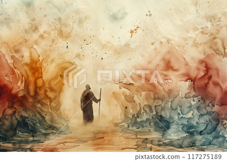 Moses stands alone holding walking stick gazing towards right side of frame. Abstract colors contrast with monochromatic attire. Watercolor painting creates ethereal atmosphere. 117275189