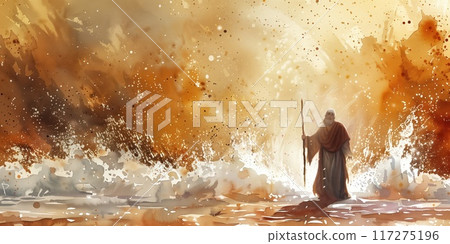 Moses stands alone, holding staff, gazing right. Vibrant colors emanate from attire or surroundings. Biblical scene of Red Sea parting in watercolor style with minimalist background and beige palette. 117275196