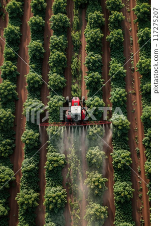 Red tractor sprays water over green trees in aerial view. Agricultural activity creates misty effect on landscape. Tractor white cab, black tires. Perspective shows comprehensive view of farm work. Red tractor sprays water over green trees in aerial view. Agricultural activity creates misty effect on landscape. Tractor white cab, black tires. Perspective shows comprehensive view of farm work. 117275207