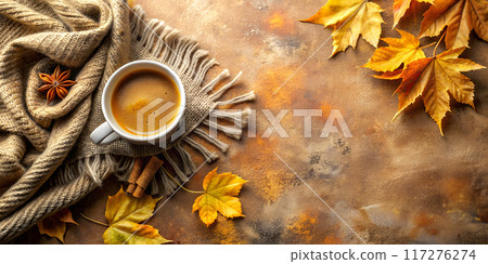 Autumn Background with Scarf and Cup of Hot Coffee on The Concrete Background. Top view 117276274