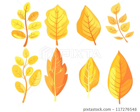 Various colorful autumn leaves in different shapes, illustrated in a vibrant graphic style on a white background, representing fall season. Vector illustration 117276548