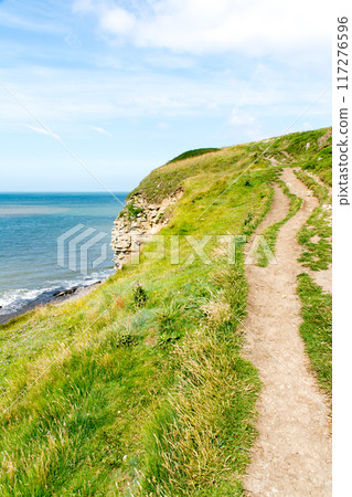 A steep cliff with exposed geological formations on the coastline and a narrow walking path leading up to it, in the suburbs of South Wales. 117276596