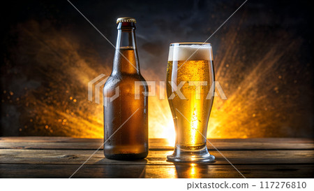 A bottle and glass of light beer on a rustic wooden 117276810