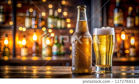 A bottle and glass of light beer. Blurred background of the bar counter. 117276811