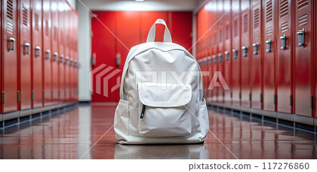 A white school backpack on the floor of a school hallway 117276860