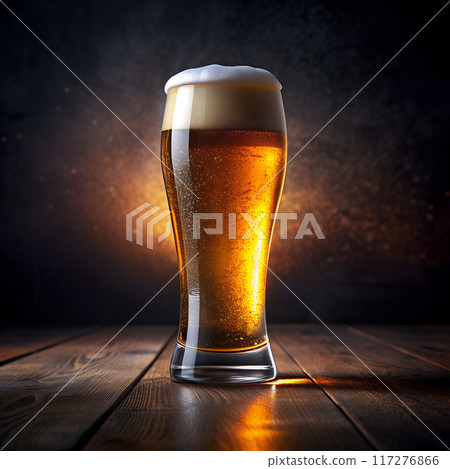 Glass of beer with foam on a dark wooden table. Dark background. Side view. Glass of beer with foam on a dark wooden table. Dark background. Side view. 117276866